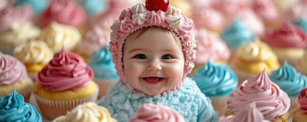Happy baby girl wearing a cupcake hat surrounded by cupcakes.