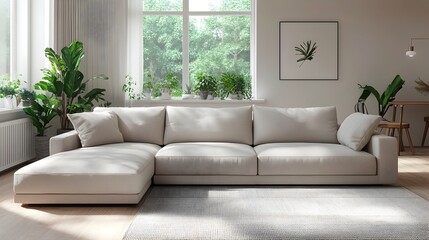 Inviting and welcoming modern living room showcasing a plush L shaped sectional sofa in a neutral textile minimalist yet stylish decor with pops of greenery