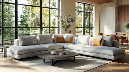Obraz premium Inviting contemporary living space featuring a plush L shaped sofa and tasteful modern furnishings The airy room is filled with natural light streaming through large windows