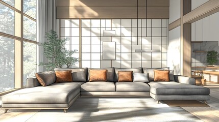 Inviting contemporary living space with a plush L shaped sofa and tasteful modern furnishings the airy room filled with natural light streaming through large windows