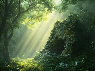 Mysterious hidden alcove nestled within a lush verdant forest partially obscured by a canopy of ancient trees with a crumbling stone structure illuminated by shimmering rays of ethereal light