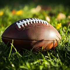 Obraz premium Tranquil Moment: Football resting in lush green grass, symbolizing serenity before the intense game kickoff
