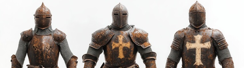 set of Rusty Armor Knights Templar Cross Equestrian Order th Century Military Heritage Medieval Costume on white background