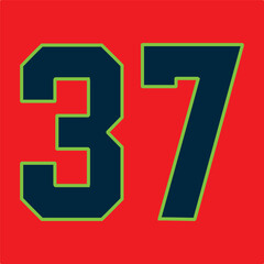 37 Classic Vintage Sport Jersey / Uniform numbers in black with a black outside contour line number on white background for American football, Baseball and Basketball or soccer for shirt