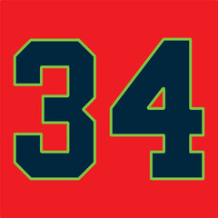 34 Classic Vintage Sport Jersey / Uniform numbers in black with a black outside contour line number on white background for American football, Baseball and Basketball or soccer for shirt