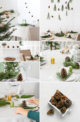 Collage of beautiful table setting with pine cones and green branches. Christmas and New Year celebration
