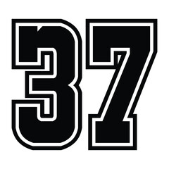 37 Classic Vintage Sport Jersey / Uniform numbers in black with a black outside contour line number on white background for American football, Baseball and Basketball or soccer for shirt