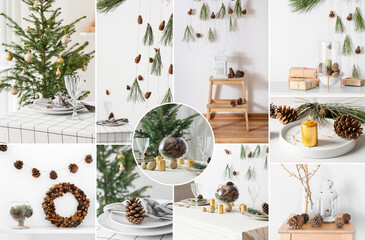 Set of beautiful table setting with pine cones and green branches. Christmas and New Year celebration