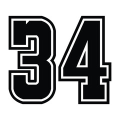 Fototapeta premium 34 Classic Vintage Sport Jersey / Uniform numbers in black with a black outside contour line number on white background for American football, Baseball and Basketball or soccer for shirt