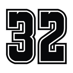 32 Classic Vintage Sport Jersey / Uniform numbers in black with a black outside contour line number on white background for American football, Baseball and Basketball or soccer for shirt