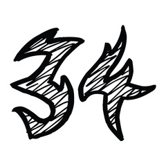 34 Classic Vintage Sport Jersey / Uniform numbers in black with a black outside contour line number on white background for American football, Baseball and Basketball or soccer for shirt