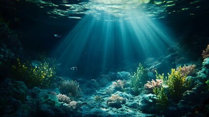 Obraz premium Mystical Underwater Spring Flowing Through a Tranquil Ocean Landscape with Captivating Light and Reflection Effects