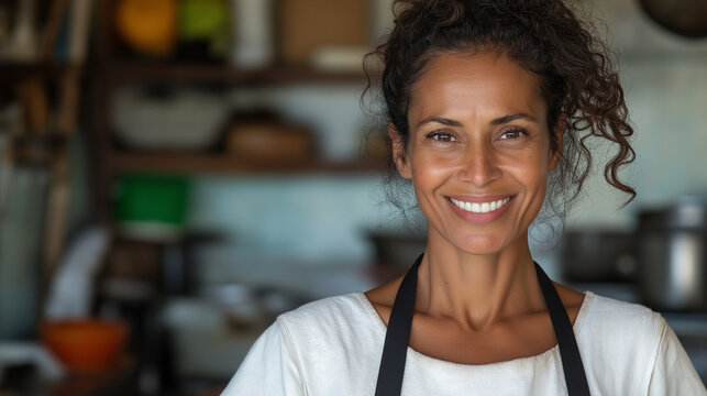 A Pernambuco woman, dressed in a simple white apron with black straps, standing confidently in a bright kitchen. Her expression is focused as she prepares traditional Brazilian cui