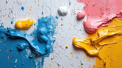 Bright white surface with pastel color splashes, creating a fun and creative aesthetic.