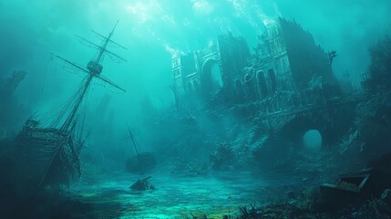 Obraz premium Mysterious underwater scene featuring a sunken ship and ancient ruins, illuminated by ethereal blue light, evoking myth and adventure.