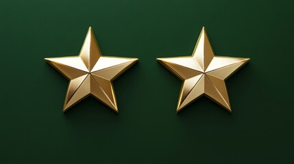 Obraz premium The image showcases two shiny golden stars placed symmetrically on a deep green backdrop, emphasizing their reflective surfaces and detailed angles, creating an eye-catching visual contrast.
