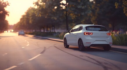 Modern White Car at Sunset on Tree Lined Street. Urban Scene with Warm Light and Pastel Sky