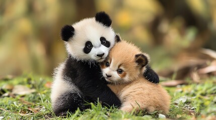 Fototapeta premium Two adorable panda cubs snuggle together on lush grass, showcasing their playful bond and innocent charm in a serene environment.