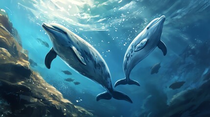 Naklejka premium Two dolphins gracefully swim through clear blue waters, showcasing their agility and playful nature in a vibrant ocean environment.
