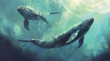 Fototapeta premium Two majestic whales swimming gracefully in a serene ocean environment, showcasing the beauty of marine life.