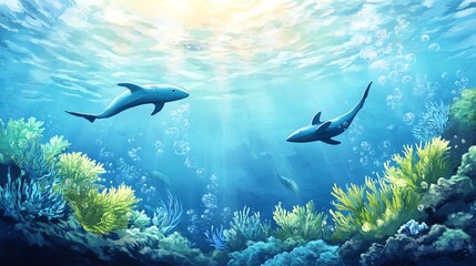 Underwater scene featuring vibrant coral and sharks swimming gracefully in crystal clear water illuminated by sunlight.