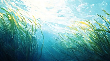 Fototapeta premium Underwater scene showcasing vibrant aquatic plants swaying gently in clear blue water, illuminated by sunlight filtering through.