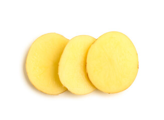 Slices of raw potato isolated on white background