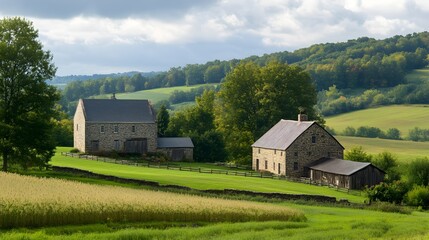 Obraz premium Picturesque countryside landscape with traditional stone farmhouses barns and rolling hills in the autumn season Charming rural setting with natural rustic and heritage elements
