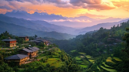 Fototapeta premium Discover Selva, Nepal: lush hills, misty mountains, vibrant sunsets, and serene, spiritual landscapes.