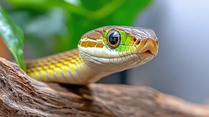 Fototapeta premium A striking brown snake coils around a wooden branch, hanging elegantly down from the top with a deep black background, highlighting its intricate scale patterns