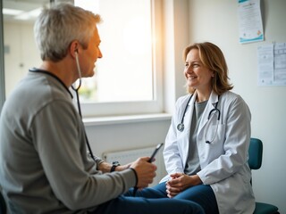 A doctor and patient are in conversation in a brightly lit office, highlighted by windows and medical equipment, demonstrating a professional healthcare interaction.