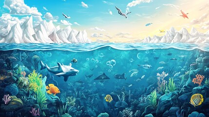 Vibrant underwater scene showcasing diverse marine life, coral reefs, and striking colors under a tranquil blue ocean.