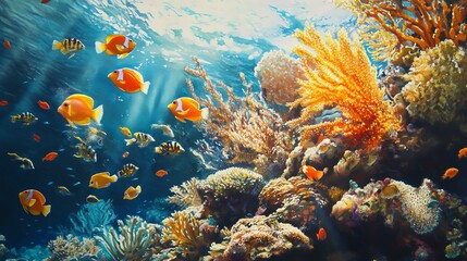 Vibrant underwater scene with colorful fish and coral reefs, showcasing the beauty of marine life in a serene ocean environment.