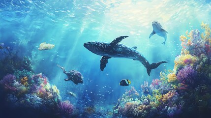 Obraz premium Vibrant underwater scene showcasing diverse marine life swimming amongst colorful coral formations.