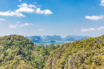 Naklejka premium Aerial view from path to Wat Tham Suea The Tiger Cave temple well known temple on a hilltop in Krabi, Thailand.