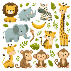 Fototapeta premium Jungle Animal Image Set, Cute animal icons with safari costume