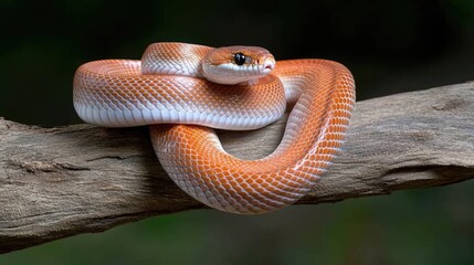 Naklejka premium A striking brown snake coils around a wooden branch, hanging elegantly down from the top with a deep black background, highlighting its intricate scale patterns