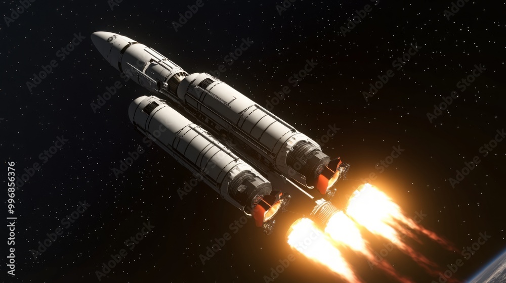 Poster a large rocket lifts off into space, its engines blazing with intense flames, illuminating the dark 