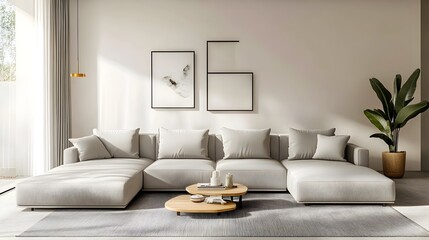 Refined and Welcoming Scandinavian Inspired Modern Living Room with Bright Natural Lighting  Featuring a large L shaped sofa clean lined decor and a