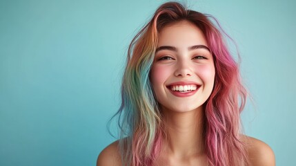 Fototapeta premium Smiling woman with pink hair. Perfect for websites, blogs, and social media.
