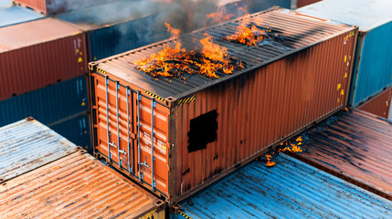 Burning shipping container at industrial port, smoke and flames rising