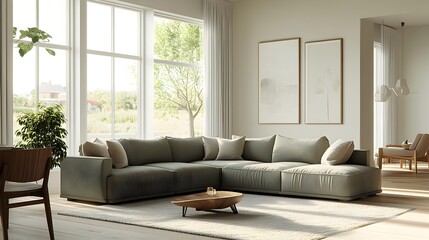 Relaxing and Inviting Modern Scandinavian Inspired Living Room with Abundant Natural Light Filtering Through Floor to Ceiling Windows and Minimalist Yet Stylish Furnishings and Decor