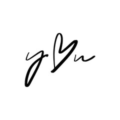 Hand-drawn black isolated heart You inscription lettering. Brush, ink. Decor element. Valentine's day card, pattern element and love symbol. Vector, clip-art.