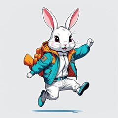 A cheerful cartoon rabbit wearing a stylish jacket and backpack, leaping with excitement.