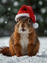Cheerful squirrel in a Santa hat and red scarf poses in the snow.