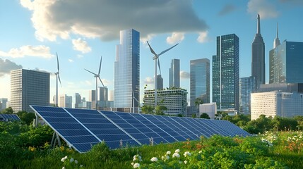 Renewable energy harnessing clean power in a thriving sustainable cityscape featuring solar powered skyscrapers wind turbines dotting the skyline and energy efficient eco friendly buildings