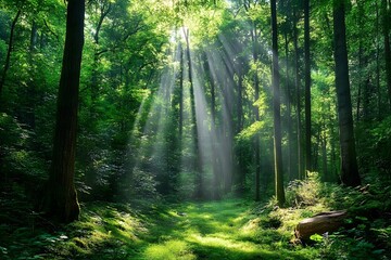 Obraz premium sunlight penetrating through the trees, green dense forest, relaxing environment