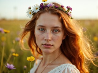 Naklejka premium A young woman with a floral crown delightfully stands amidst a meadow of wildflowers, capturing the essence of youth, beauty, and serenity in nature's enchanting embrace.