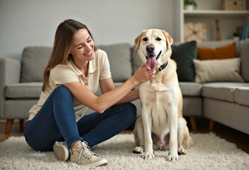 A cheerful young woman sits on the floor of a living room and lovingly pets a large, friendly dog, conveying affection and joy in a comfortable and homely setting.