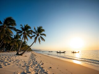 Fototapeta premium A stunning tropical beach scene at sunset featuring tall palm trees and gentle waves, with small fishing boats on the water and a distant shoreline creating a serene atmosphere.